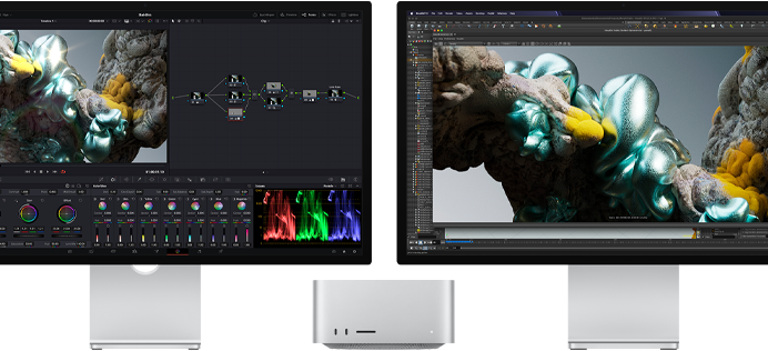 Studio Display monitor and Studio Display XDR monitor, one each on either side of Mac Studio, displaying artist workspace, 3D model software and tools