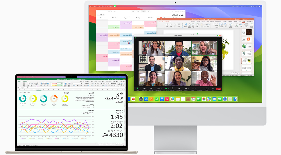 صورة أمامية لجهاز MacBook&nbsp;Air يظهر عليه Microsoft&nbsp;Excel ولقطة أمامية لجهاز iMac تظهر عليه تطبيقات Zoom والتقويم وMicrosoft&nbsp;Powerpoint‏.