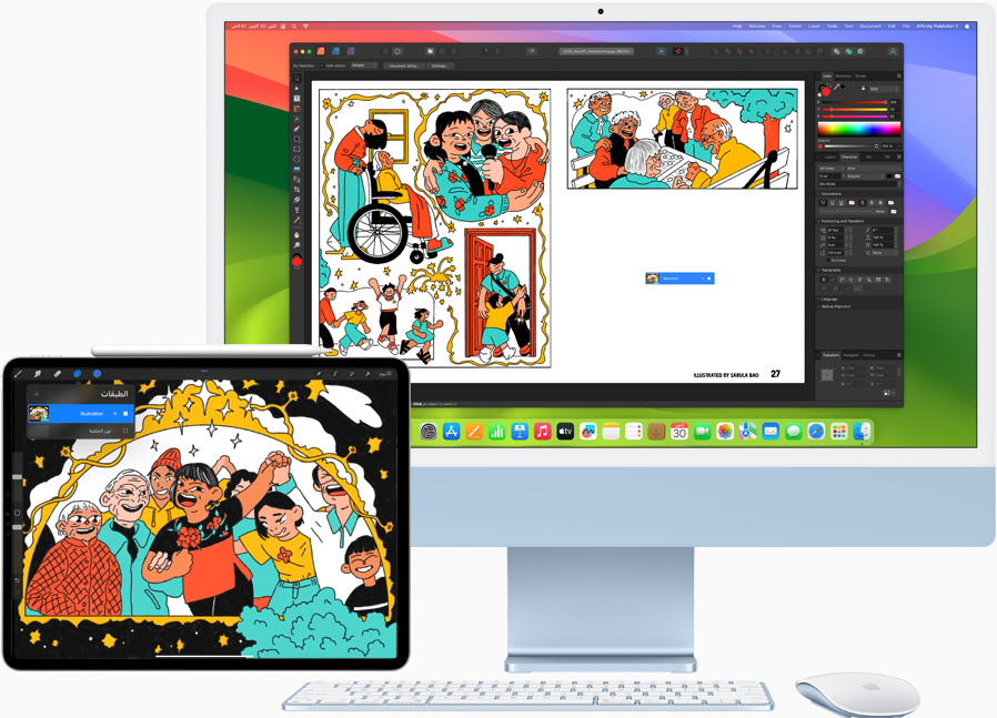 iPad Pro مقاس 12.9 إنش وجهاز iMac يعرضان مشروعاً إبداعياً يعمل عليه أحد المستخدمين. يظهر المشروع الرئيسي على iMac، فيما يُستخدم iPad كشاشة ثانية.
