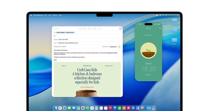 MacBook Pro 16“ with Mail and iPhone Mirroring the Forest app on screen.