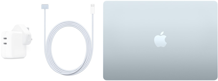 صورة لجهاز MacBook Air مقاس 15 إنش وكابل USB-C إلى MagSafe 3 ومحول طاقة USB-C بقدرة 40 واط