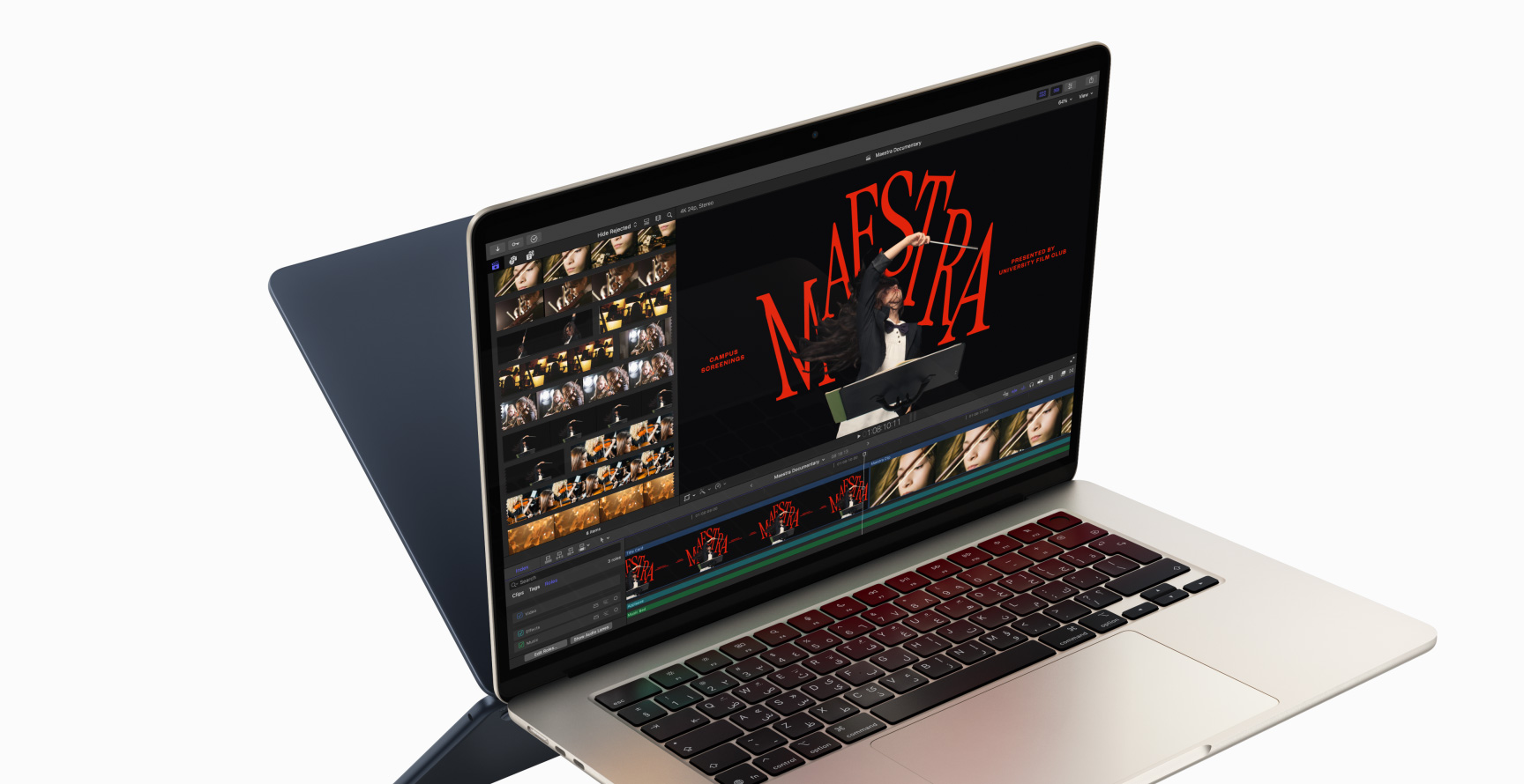 جهاز MacBook&nbsp;Air يعرض تعديل فيديو في ‏Final&nbsp;Cut&nbsp;Pro لإبراز قدرات شريحة&nbsp;M4، ويظهر خلف هذا الجهاز الأول الجانب الخلفي من جهاز MacBook&nbsp;Air ثانٍ يبدو وكأنه صورة معكوسة في مرآة