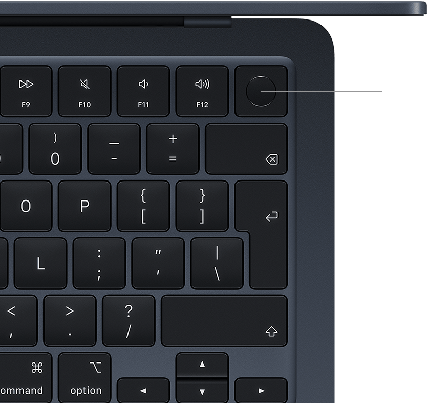 MacBook Air Midnight keyboard close-up showing the Touch ID button