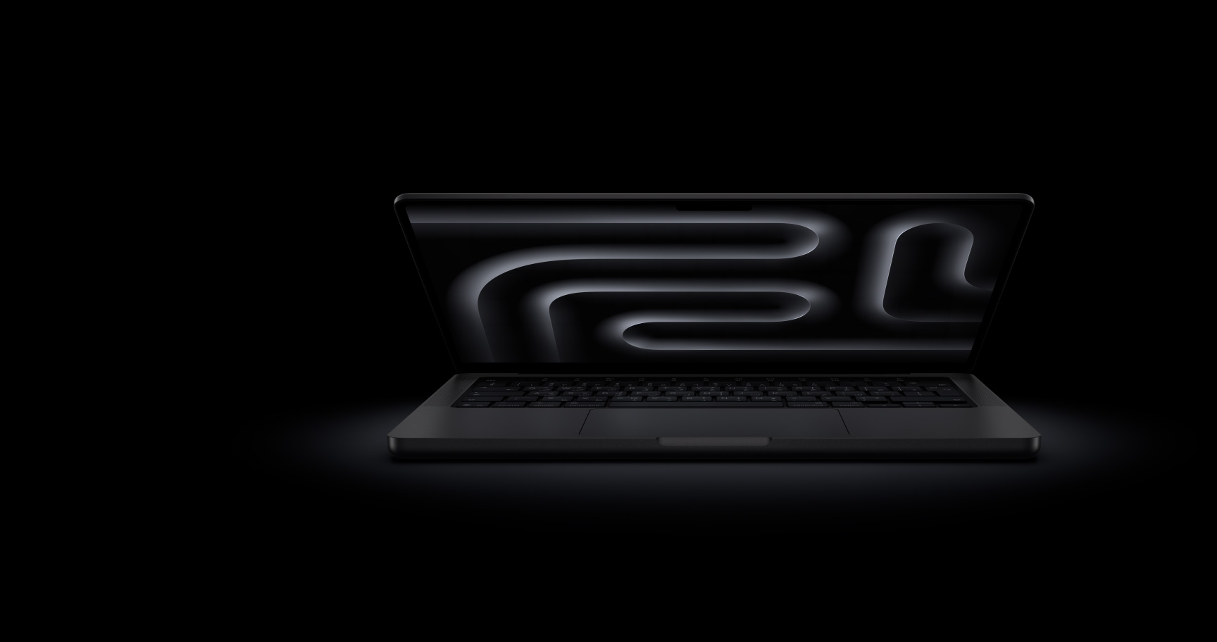 لقطة أمامية لجهاز MacBook Pro باللون الأسود الفلكي، وهو مفتوح