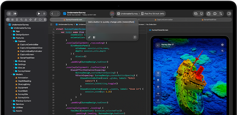 شاشة MacBook Pro تعرض تكامل مساعد ذكاء اصطناعي في Xcode‏