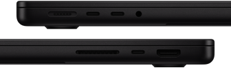 صورة تعرض منافذ MacBook Pro - الجهة اليسرى: MagSafe، واثنان من منافذ ثندربولت، ومقبس لسماعات الرأس - الجهة اليمنى: SDXC، ومنفذ ثندربولت، وHDMI‏