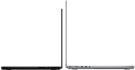 جهاز MacBook Pro مقاس 14 إنش بلون أسود فلكي إلى جانب جهاز MacBook Pro مقاس 16 إنش بلون فضي