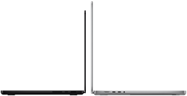 14-inch MacBook Pro in space black next to 16-inch MacBook Pro in silver