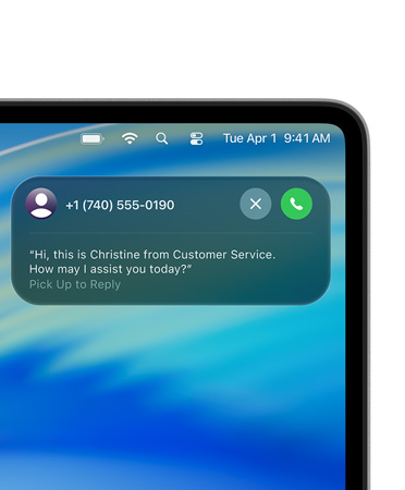 الزاوية اليمنى من شاشة Mac تعرض نشاطاً مباشراً لميزة مساعدة التعليق مع الإشارة إلى أن المستخدم في انتظار أحد ممثلي خدمة العملاء