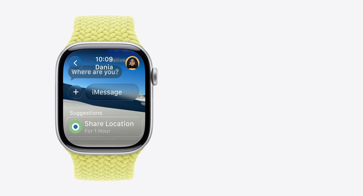 Apple Watch in Silver, Periwinkle band, translucent message on screen says, ”Where are you?”, the word ”Suggestions” is below with a smart action that says ”Share Location for 1 hour”