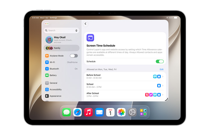 iPad Pro 11, Silver, screen shows Time Allowance and Screen Time Schedule options in Settings to allow time for their child