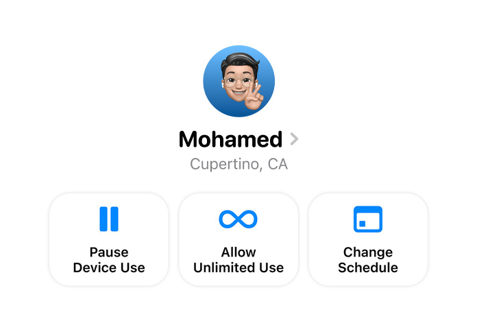Settings app options for a parent to Pause Device Use, Allow Unlimited Use, or Change Schedule for their child