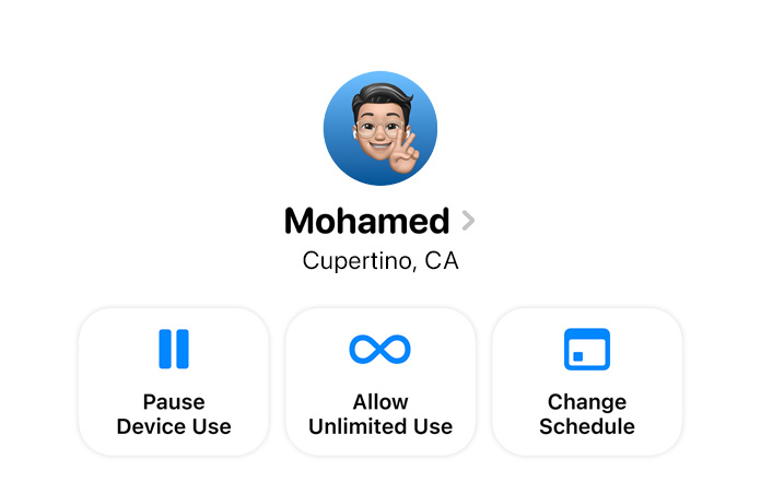 Settings app options for a parent to Pause Device Use, Allow Unlimited Use, or Change Schedule for their child