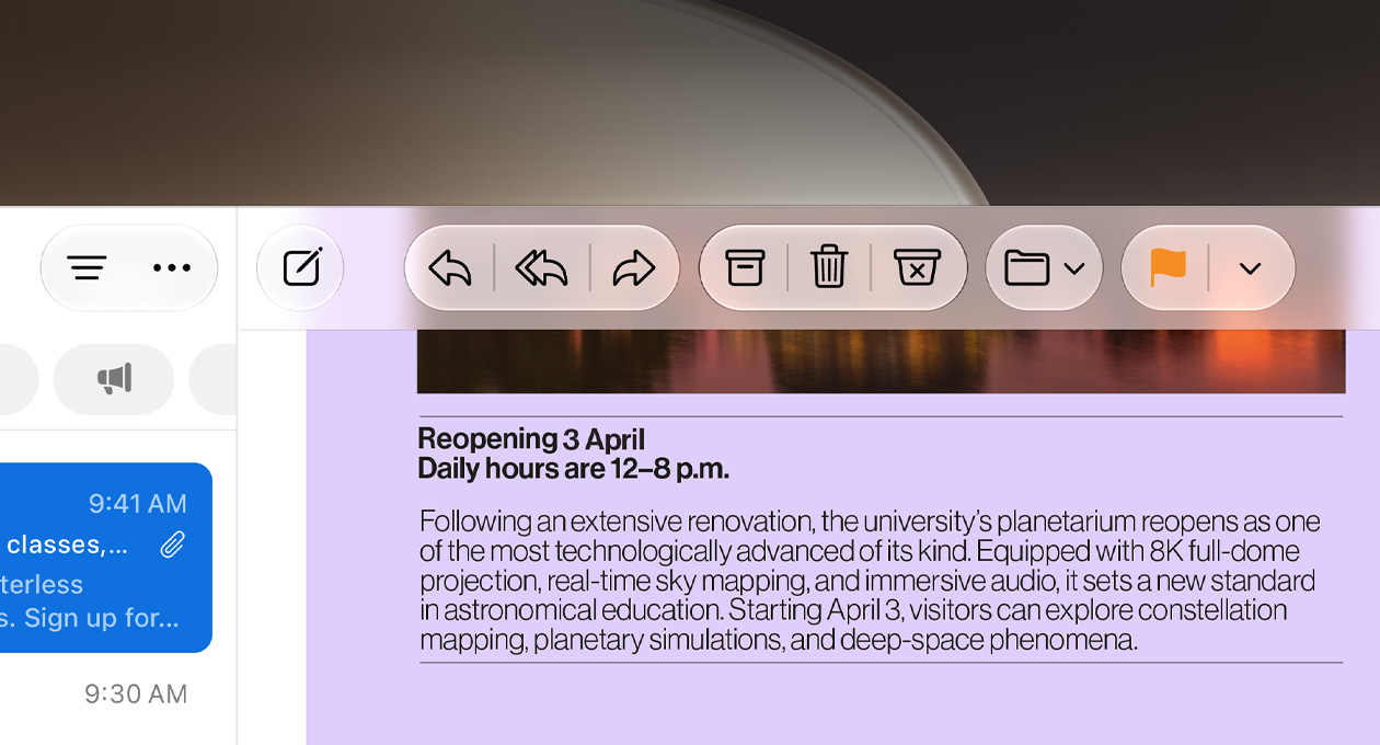 Closeup of Mail app, a university newsletter's text and the Mail app's buttons are incredibly clear and appear to have unique texture