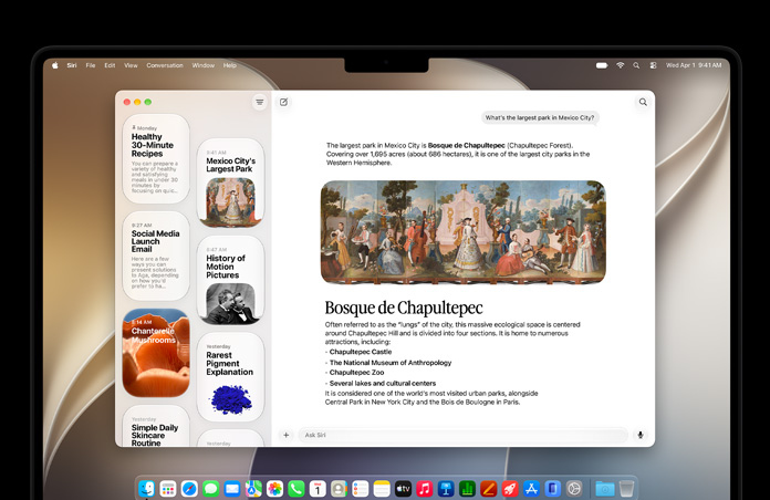 جهاز MacBook Pro مقاس 14 إنش، لون أسود فلكي، شاشة تُظهر تطبيق Siri وهو يعرض محادثة نشطة مع Siri AI والمحادثات السابقة في الشريط الجانبي.