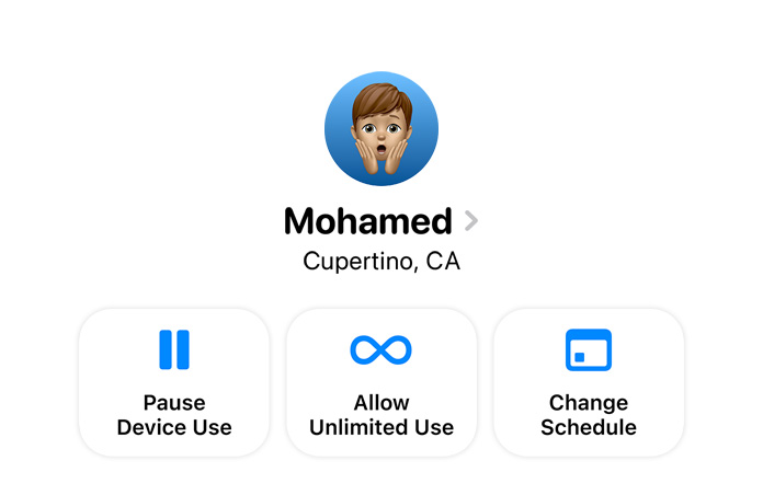 Settings app options for a parent to Pause Device Use, Allow Unlimited Use, or Change Schedule for their child
