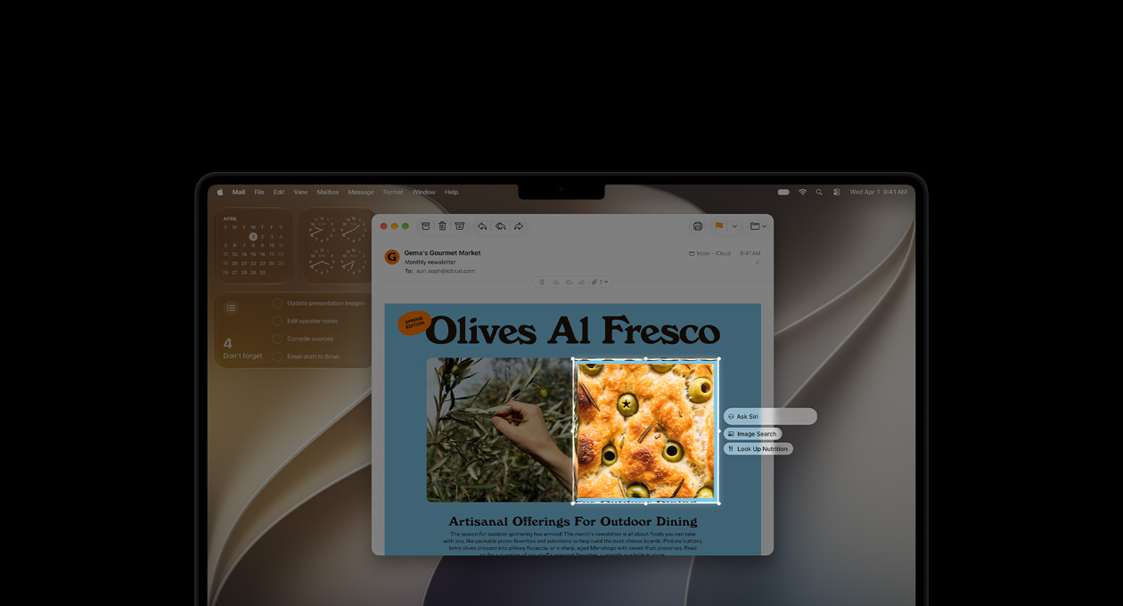 جهاز MacBook Pro مقاس 14 إنش، لون أسود فلكي، شاشة تُظهر عرضاً توضيحياً للذكاء المرئي وارداً في رسالة إيميل تتضمن صور أطعمة وأعشاب. يحيط مربع بصورة زيتون في قطعة خبز وتطفو فوق الصورة ثلاث طلبات منها اسأل Siri وبحث الصور والبحث عن التغذية