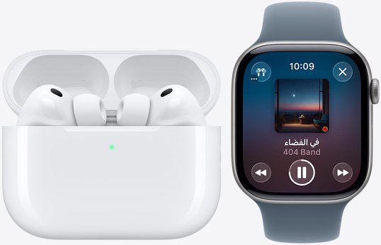 ساعة Apple Watch Series 11، تطبيق Apple Music، قيد التشغيل، AirPods Pro 3، لون أبيض، رؤوس من السيليكون، ميكروفون، علبة شحن MagSafe، مفتوحة، زوايا مدورة