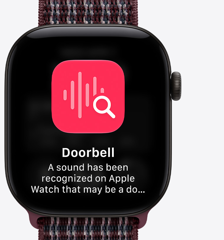 Apple Watch Series 12, aluminum case, black color, pinned conversations screen, Sport Loop band, burgundy plaid color