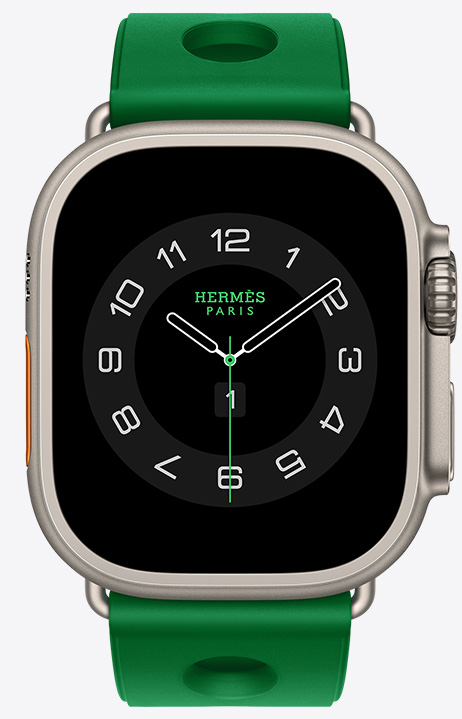 Apple Watch Hermès Ultra 4,Circulaire 指針錶面展示 (小時、分鐘和秒針,複雜功能包括:天氣、健身記錄圓圈、巴黎時間及紫外線指數)、原色鈦金屬錶殼,配搭 Vert Vertigo 草綠色 (鮮綠色) Scub'H Diving 錶帶,採用模造橡膠物料,錶帶中間有舷窗式圓孔,機身右側有數碼錶冠和凸起的側邊按鈕