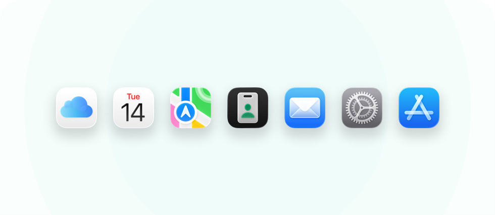 一系列與商務相關的 app 和工具，包括 iCloud、日曆、地圖、Apple Business、郵件、設定及 Apple Store。