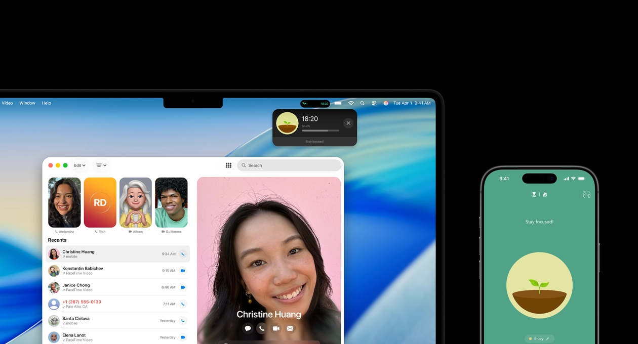 MacBook Pro 和 iPhone 並排，MacBook Pro 螢幕展示電話 app 和來自 Forest 專注森林 app 的即時動態；iPhone 螢幕展示 Forest 專注森林 app