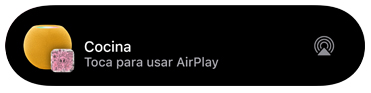 Elemento gráfico de AirPlay que muestra la música que se está reproduciendo en un HomePod mini que está en la cocina