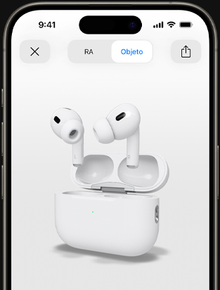 Imagen de la pantalla de un iPhone que muestra los AirPods Pro en realidad aumentada.