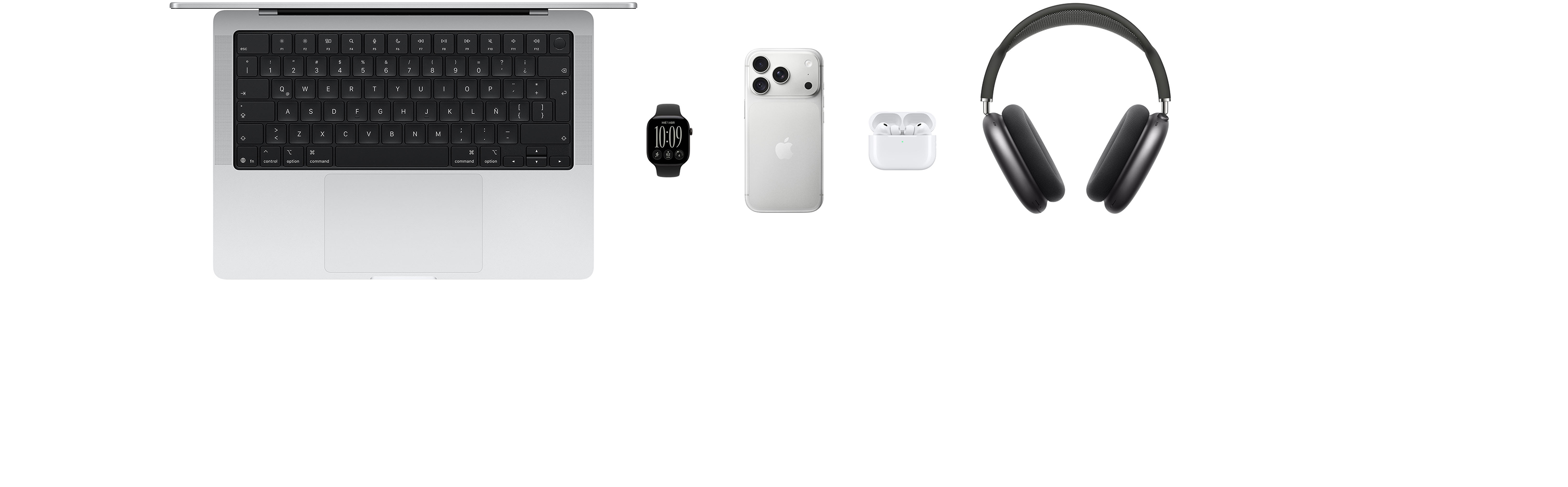 Varios productos Apple, como una MacBook Pro, un Apple Watch Series 12, un iPhone 18 Pro, unos AirPods Pro 3, unos AirPods Max y un iPad Pro