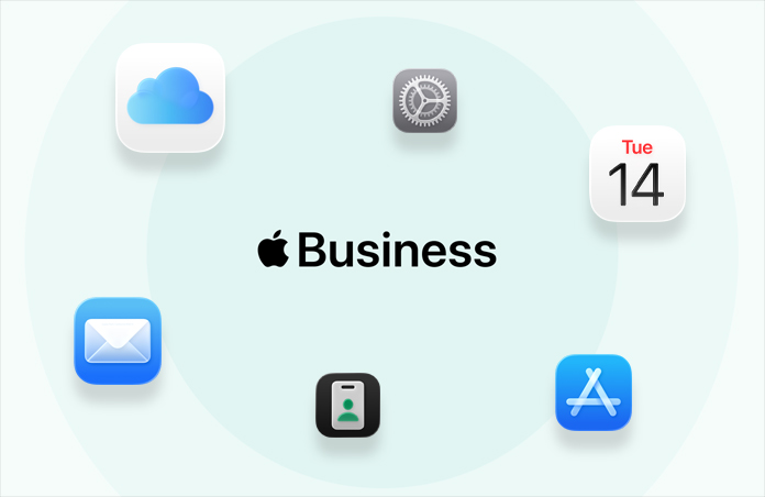 Apple Business, rodeado de íconos de apps: iCloud, Mapas, AppleCare, Mail, Calendario, App Store, app Apple Business