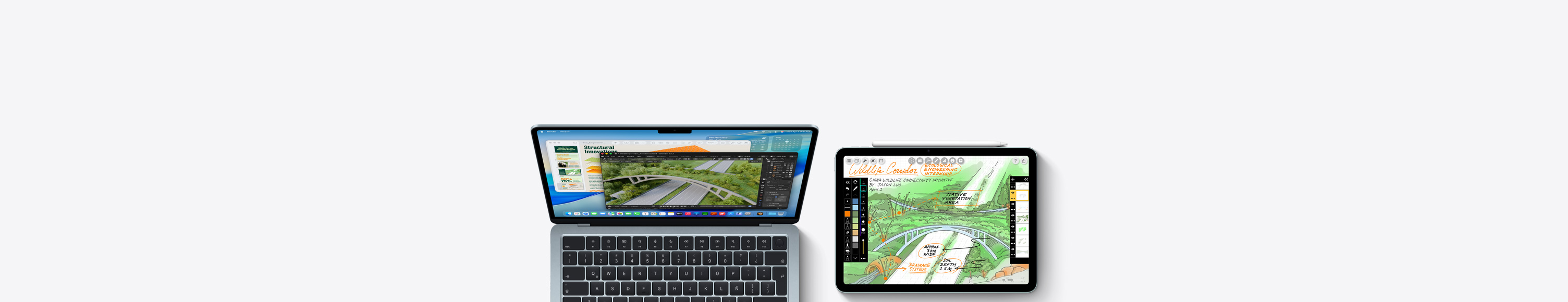 Una Mac y un iPad, en pantalla se muestran trabajos de cursos universitarios en varias apps