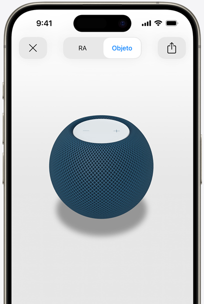 Un HomePod mini azul en la pantalla de un iPhone con realidad aumentada.