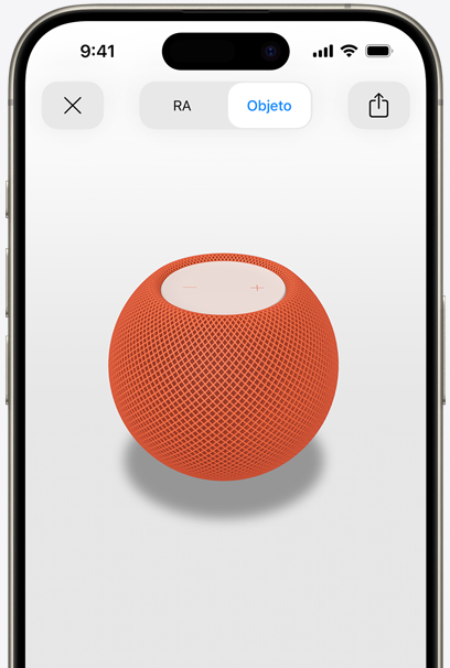 Un HomePod mini naranja en la pantalla de un iPhone con realidad aumentada.