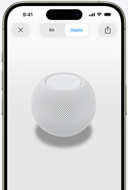 Un HomePod mini blanco en la pantalla de un iPhone con realidad aumentada.