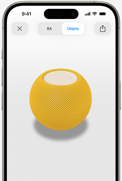 Un HomePod mini amarillo en la pantalla de un iPhone con realidad aumentada.