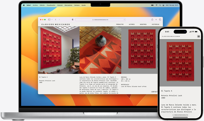 Imagen que muestra el mismo sitio de Safari abierto en un iPhone y en un Macbook