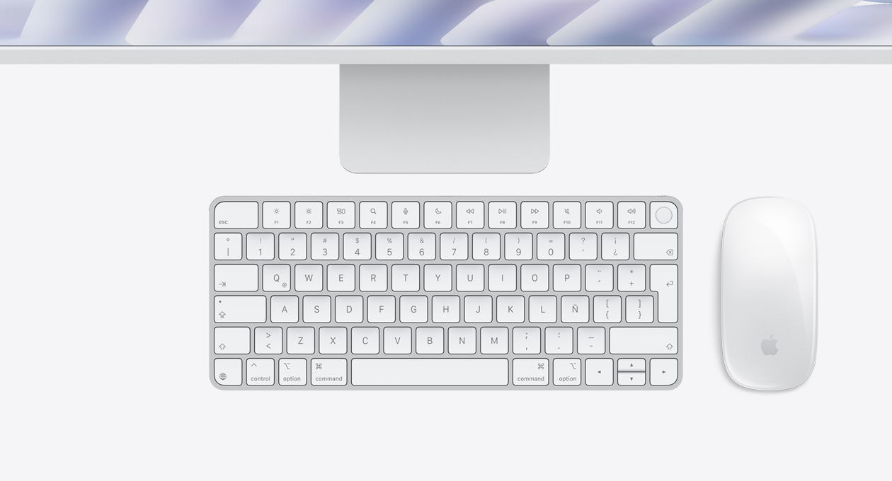 iMac, color plata, parte superior, con Magic Mouse y Magic Keyboard con Touch ID