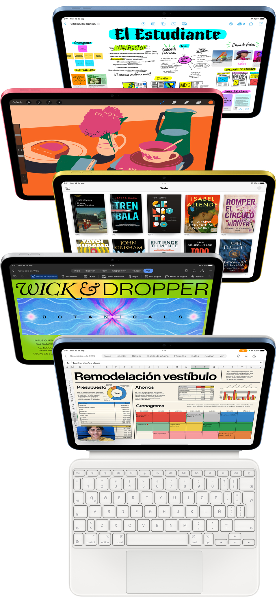 Un iPad de frente muestra varias apps de Apple y del App Store.