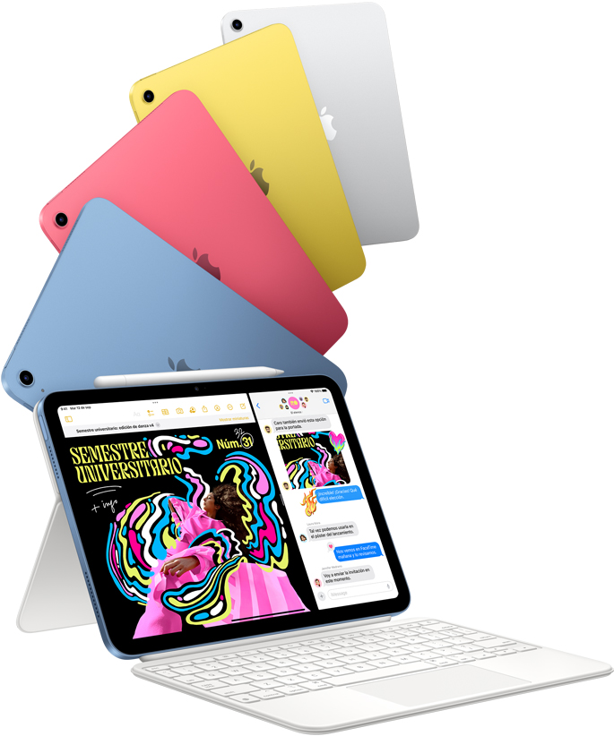 Modelos de iPad en azul, rosa, amarillo y color plata, y un iPad conectado a un Magic Keyboard Folio.