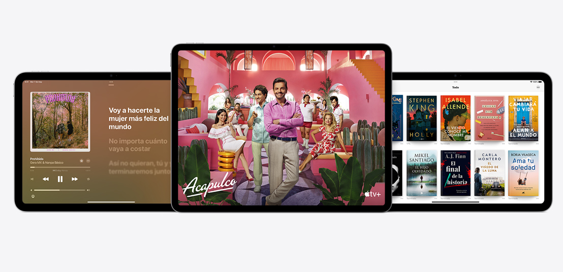 Dos dispositivos iPad y un iPad Air muestran las apps Apple Music, Apple TV+ y Apple Books.