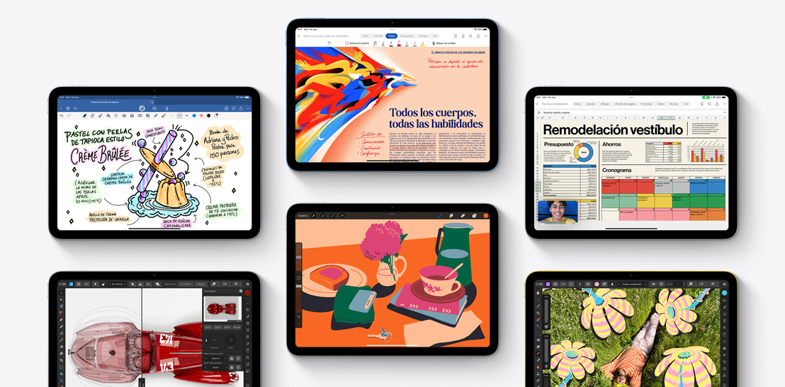 Colección de seis dispositivos iPad diferentes que muestran distintas apps, como Goodnotes 6, Affinity Designer 2, Microsoft Word, Procreate, Microsoft Excel y Affinity Photo 2.