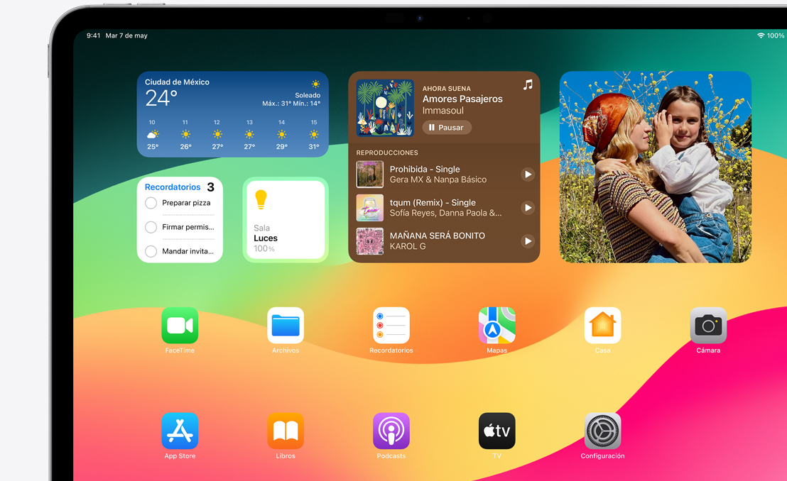 An iPad Pro showcasing Springboard and the different widgets available.