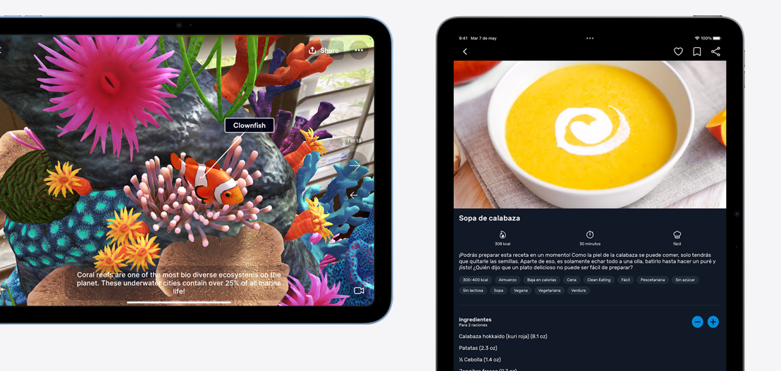 Un iPad y un iPad Air muestran las apps Jigspace y Kitchen Stories.