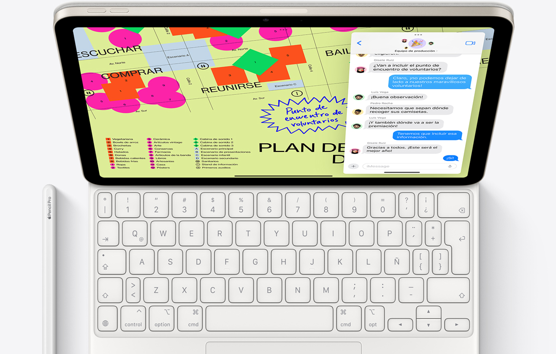 Imagen desde arriba de un iPad Pro conectado a un Magic Keyboard, con un Apple Pencil Pro junto a él.