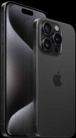 Vista frontal de un iPhone 15 Pro Max de 6.7 pulgadas y vista posterior de un iPhone 15 Pro de 6.1 pulgadas en titanio negro