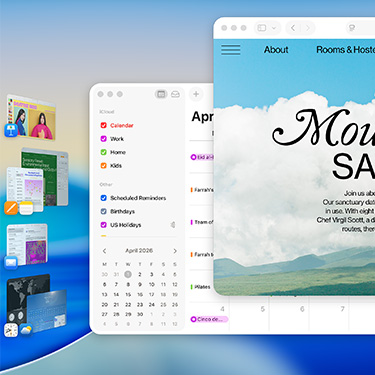 Multiple windows and apps displayed on a screen including Keynote, Pages, Mail and a website featuring content about a serene sanctuary.