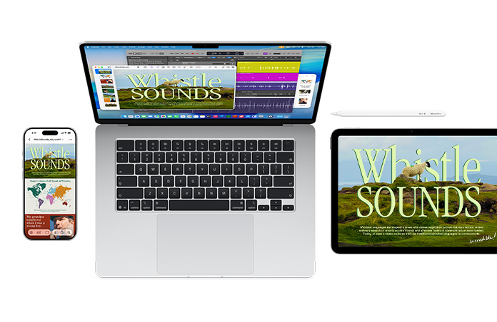 A Mac, iPhone, Apple Pencil and iPad display the same Whistle Sounds project across screens, showing how Apple devices work together seamlessly