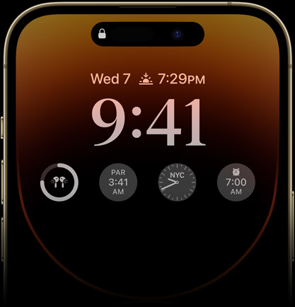 Personalized Lock Screen that is dimmed while the photo, time, and widgets stay visible.