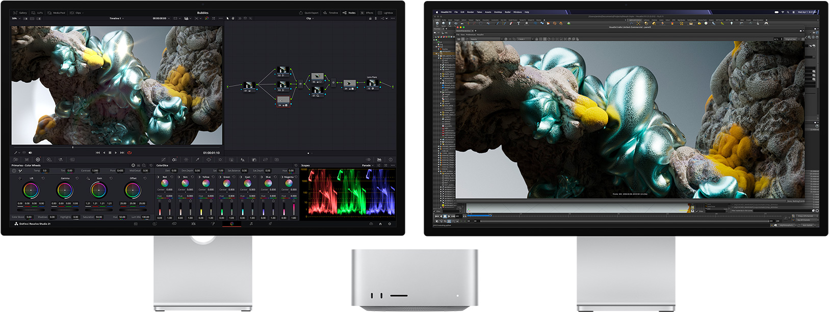 Studio Display, screen shows DaVinci Resolve Studio with abstract multicolour zoomed-in image, Mac Studio, front view, Studio Display XDR, screen shows Houdini and Maxon Redshift with same image zoomed in closer