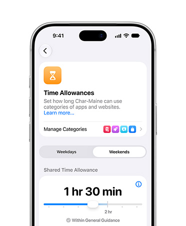 iPhone 18 Pro, Silver, screen shows Time Allowance and Screen Time Schedule options in Settings to allow time and media categories for their child